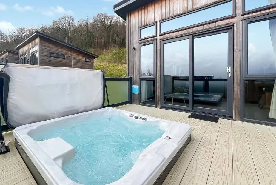 Burrington Premier lodge with private outdoor hot tub on decking