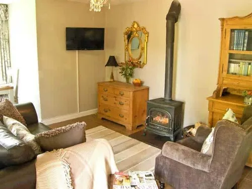 Cottage living room with wood burner and wall-mounted television