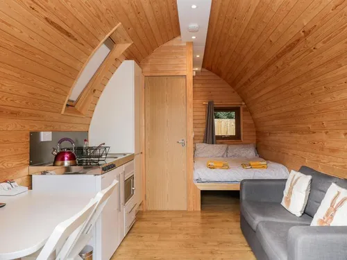 Cabin interior with wood panelling, kitchenette, sofa and double bed in open-plan layout