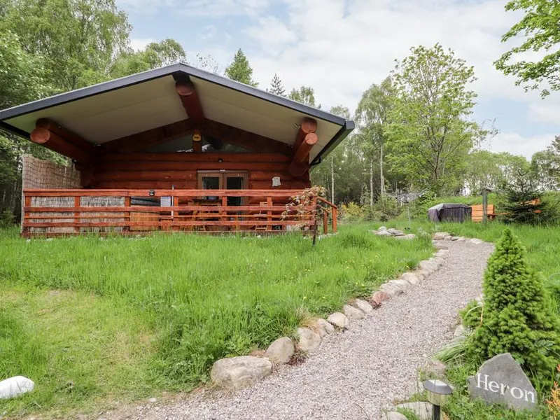 Heron Lodge log cabin with gravel path and woodland setting in Craigbreck Wood