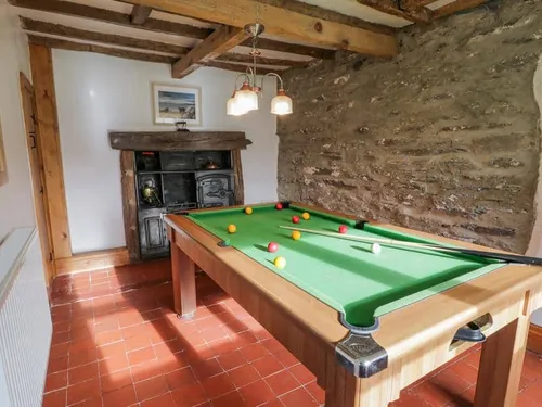 Games room with pool table and exposed stone wall