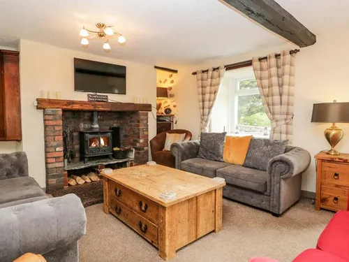 Cottage living room with wood-burning stove and two grey sofas