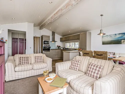 Lodge open-plan living area with sofas, kitchen, and dining table