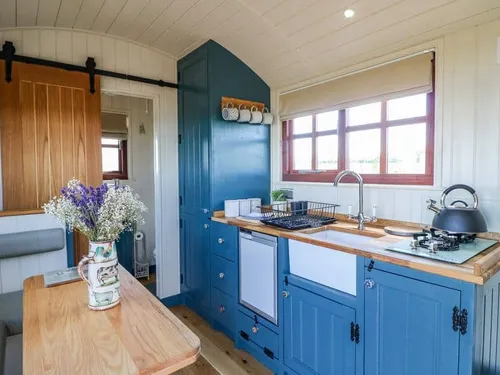 Lodge kitchen with blue cabinets, gas hob, and dining table with vase of flowers