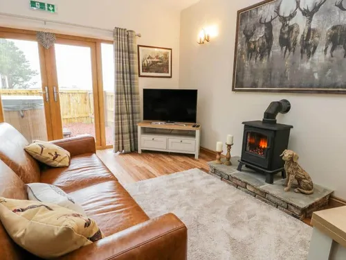 Lounge with wood burner, leather sofa and TV by patio doors