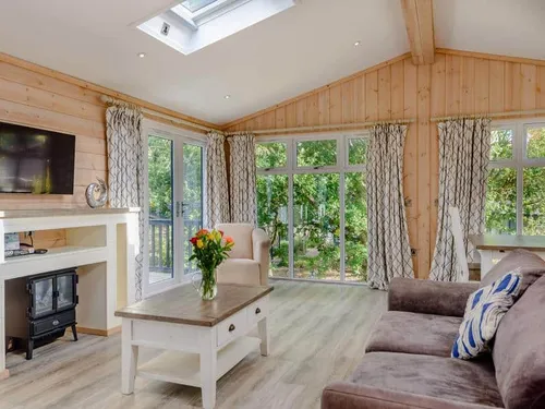 Lodge living room with sofa, TV, and large windows overlooking trees